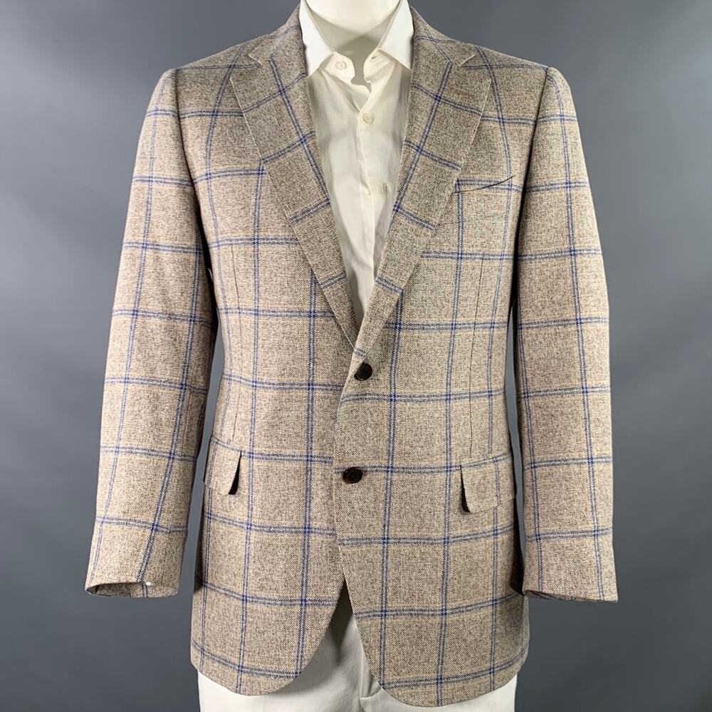 SUIT SUPPLY Size 46 Beige Navy Plaid Wool Linen Silk Sport Coat